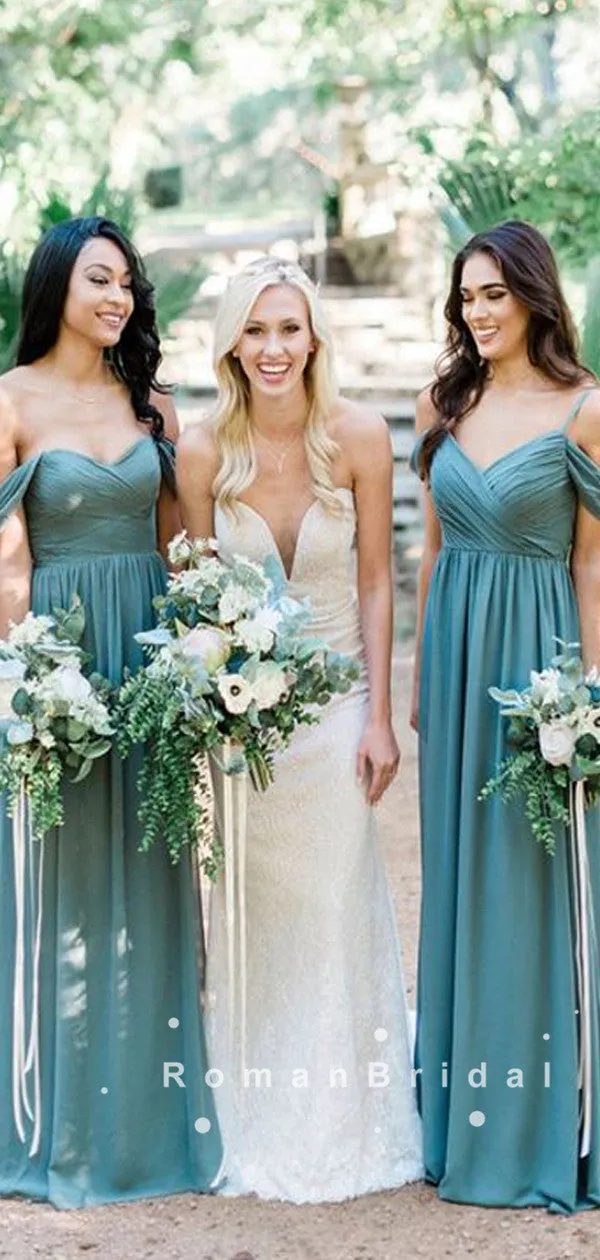 A-Line Off The Shoulder Spaghetti Straps Chiffon Long Bridesmaid Dresses With Pleats,RBWG0010