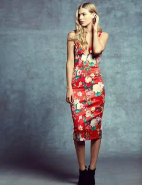 Again Collection - Red Print, Dylan Structured Pencil Dress - 1 pc Red Print in Size S Available