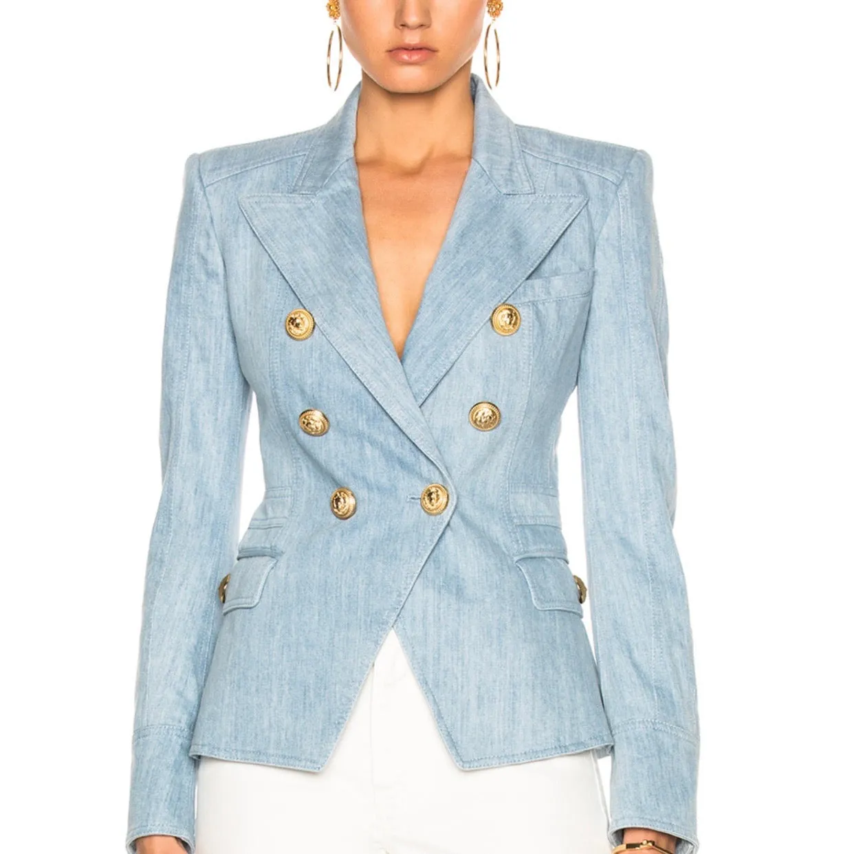 Balmain Women's Double Breasted Denim Jean Jacket Blazer Size 40 | 6