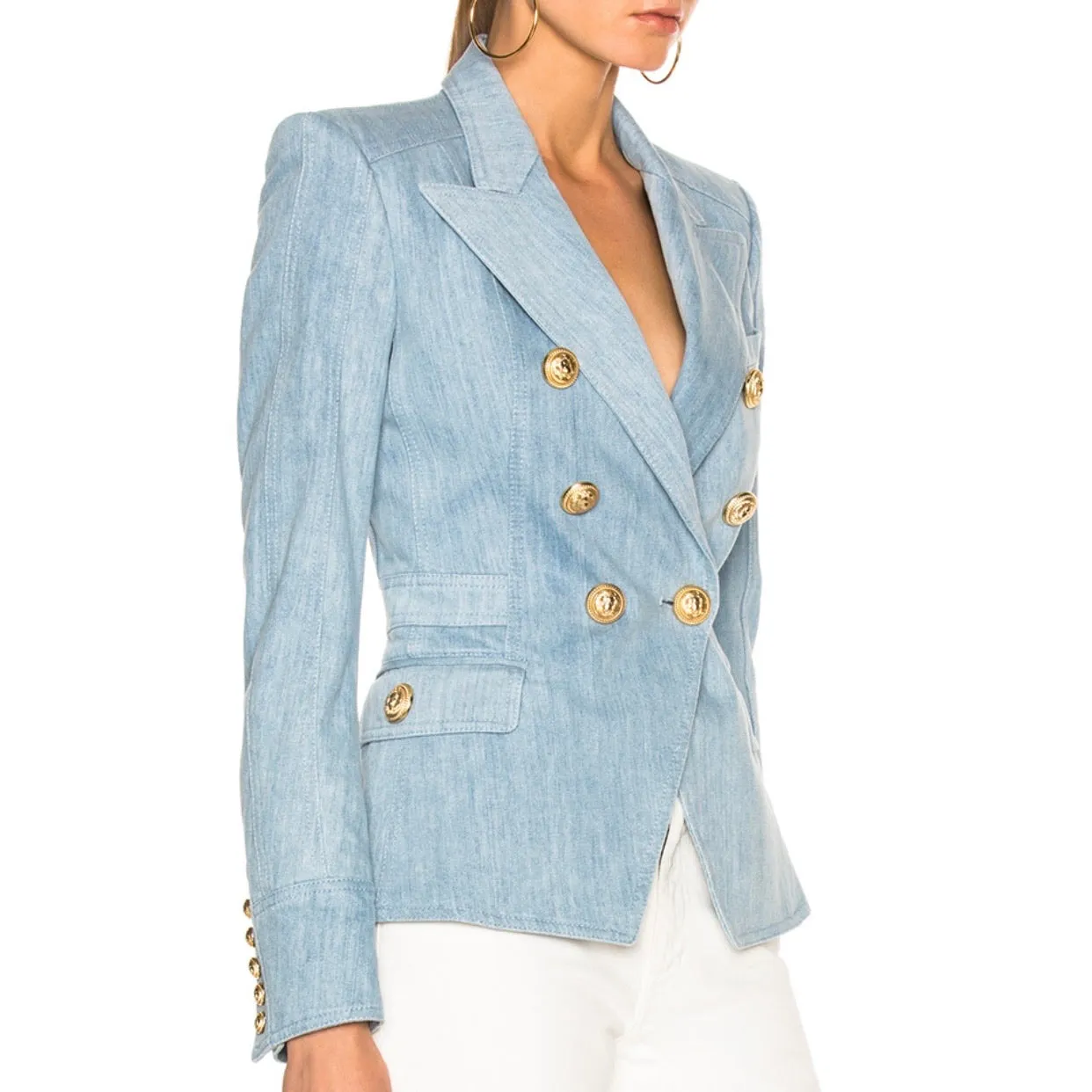Balmain Women's Double Breasted Denim Jean Jacket Blazer Size 40 | 6