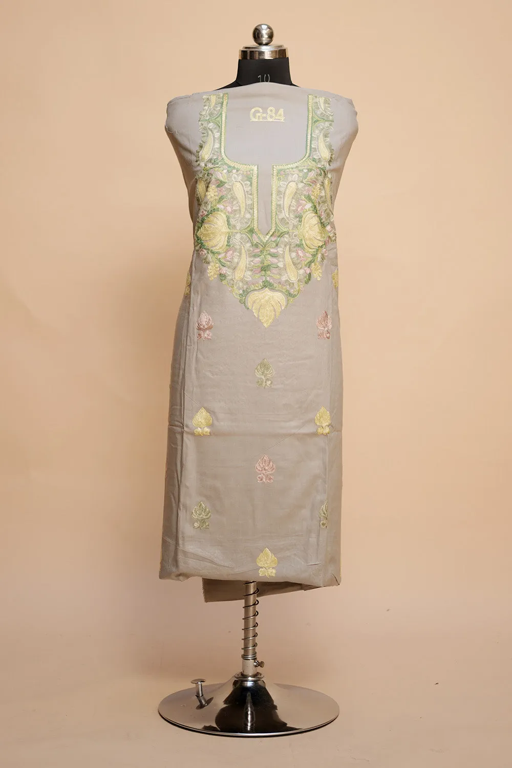 Beige Colour Designer Aari Work Salwar Kameez With Running Jaal Pattern