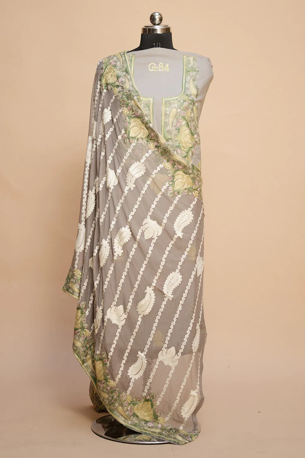 Beige Colour Designer Aari Work Salwar Kameez With Running Jaal Pattern