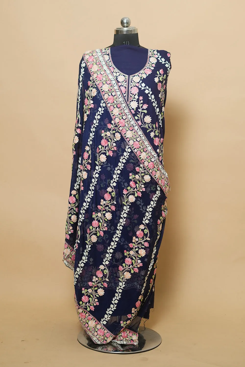 Blue Aari Work Salwar Kameez With Chinar Heavy Jaal Pattern And Designer Dupatta.