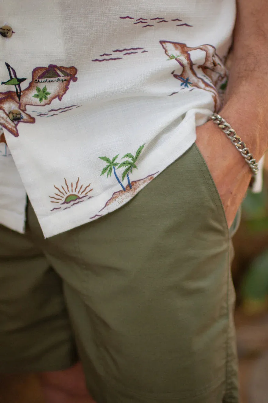 Bunker Slub S/S Camp Collar Woven Shirt- Off White/Map- Brixton