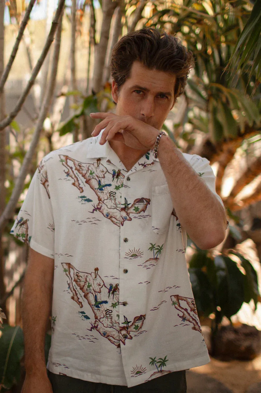 Bunker Slub S/S Camp Collar Woven Shirt- Off White/Map- Brixton