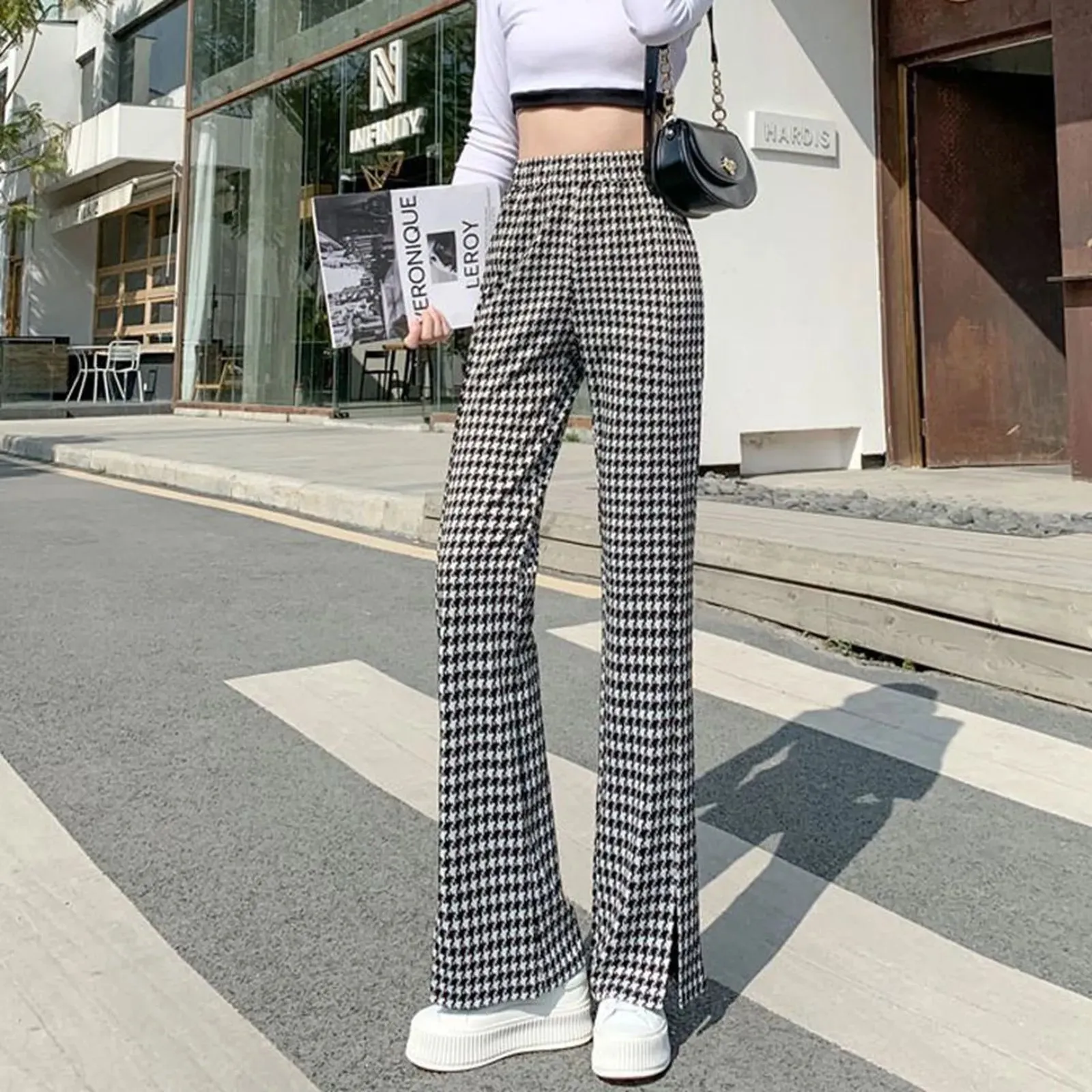 Casual Plaid Ruffles Edge Flare Pants