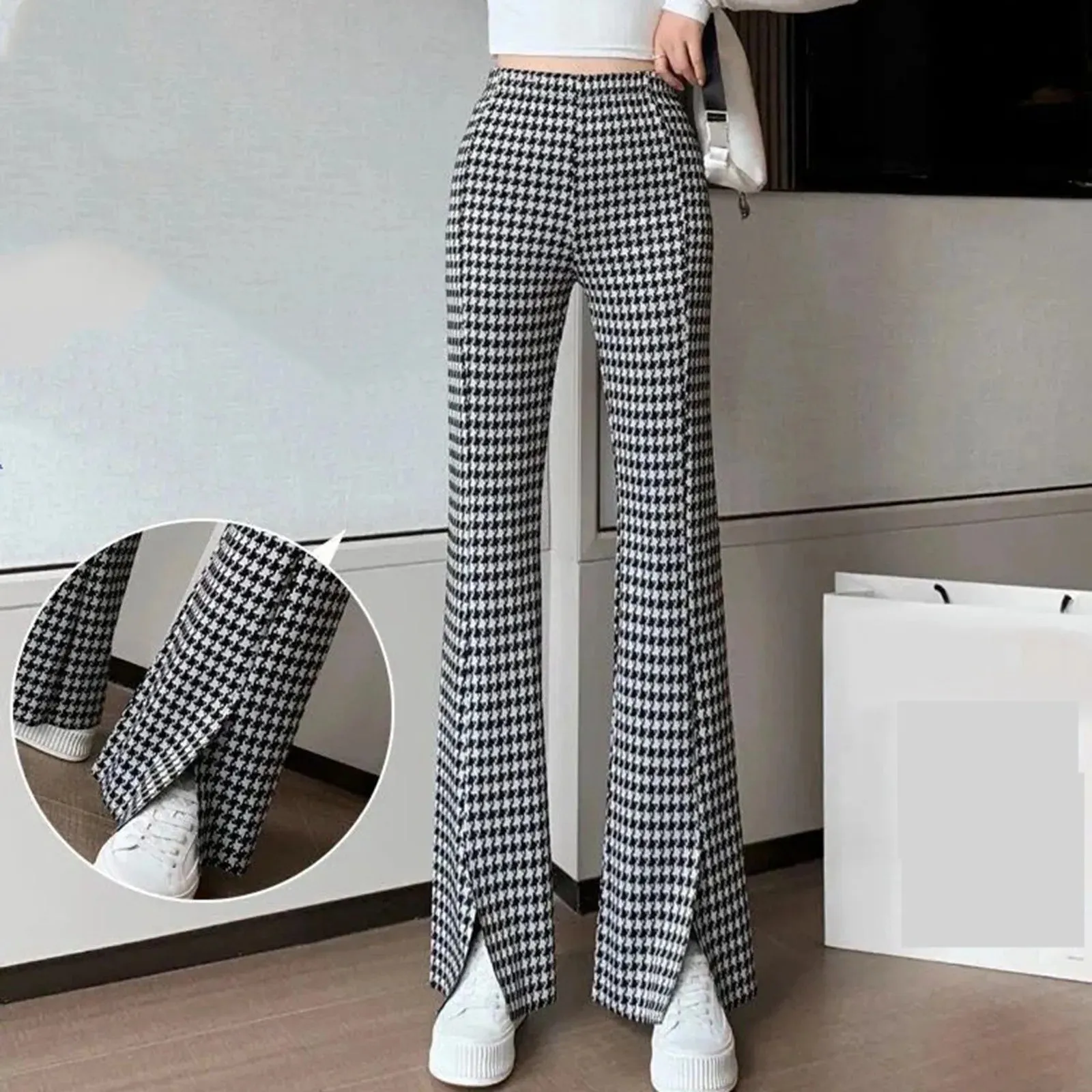 Casual Plaid Ruffles Edge Flare Pants