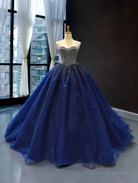 Crystals Sequined Navy Blue Quinceanera Dresses Ball Gown Wedding Dresses