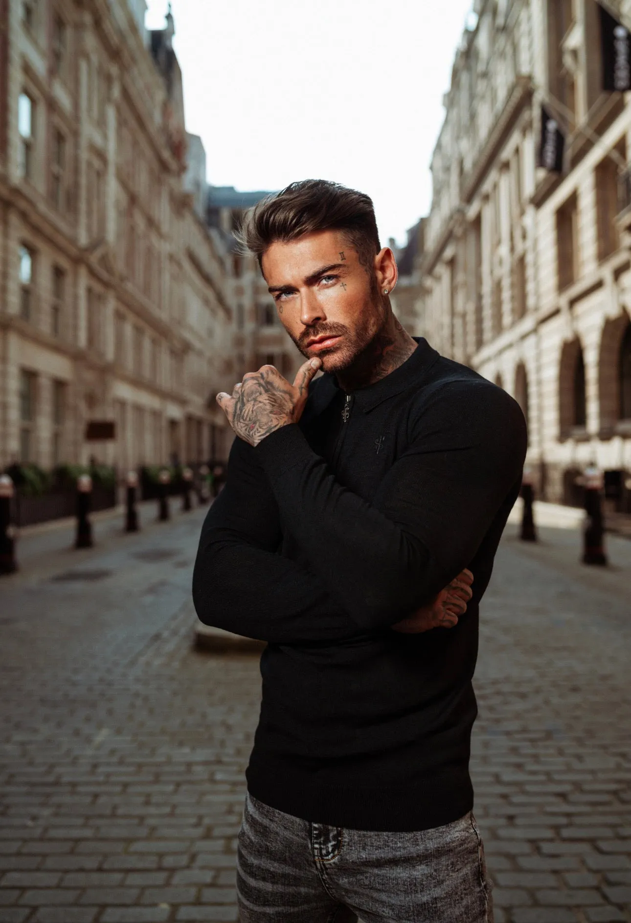 Father Sons Classic Black Merino Wool Knitted Zip Polo Long Sleeve Sweater With FS Embroidery- FSN010