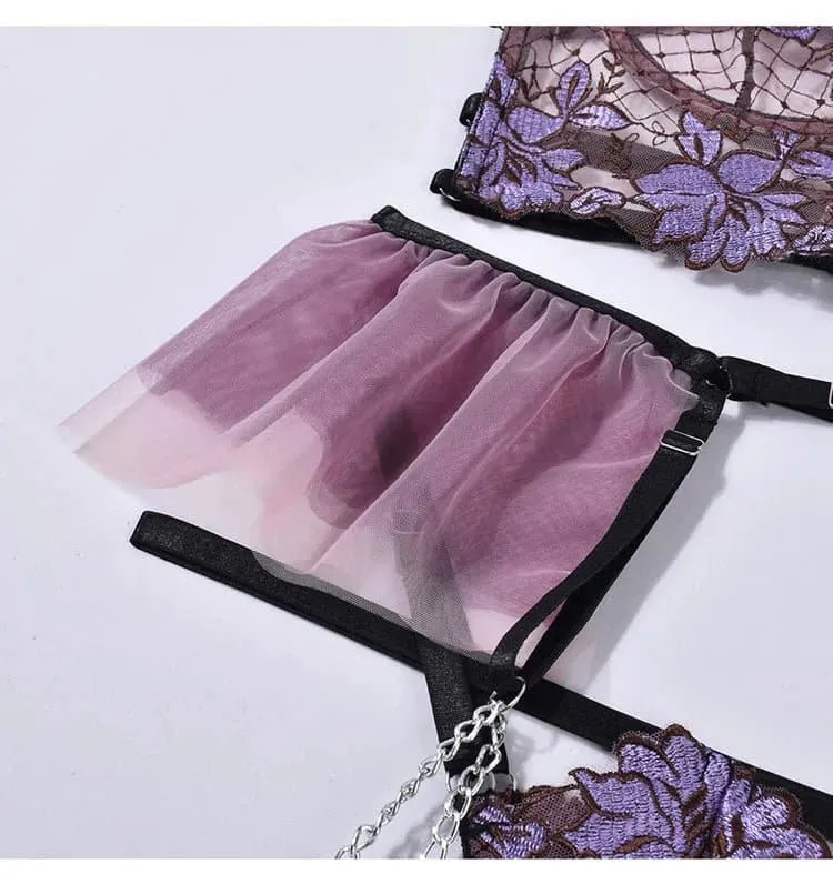 French Lace Bra Garter Thong Sets - Feminine Floral Beauty in Purple & Blue (S, M, L)