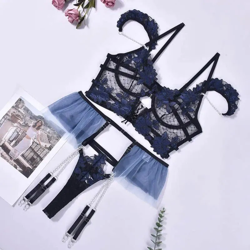French Lace Bra Garter Thong Sets - Feminine Floral Beauty in Purple & Blue (S, M, L)