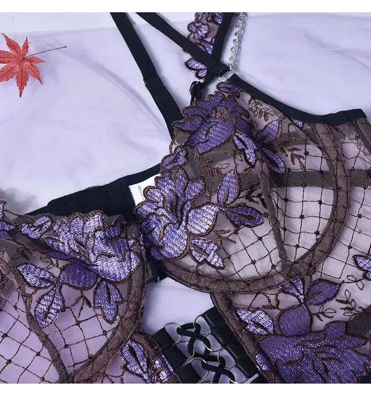 French Lace Bra Garter Thong Sets - Feminine Floral Beauty in Purple & Blue (S, M, L)