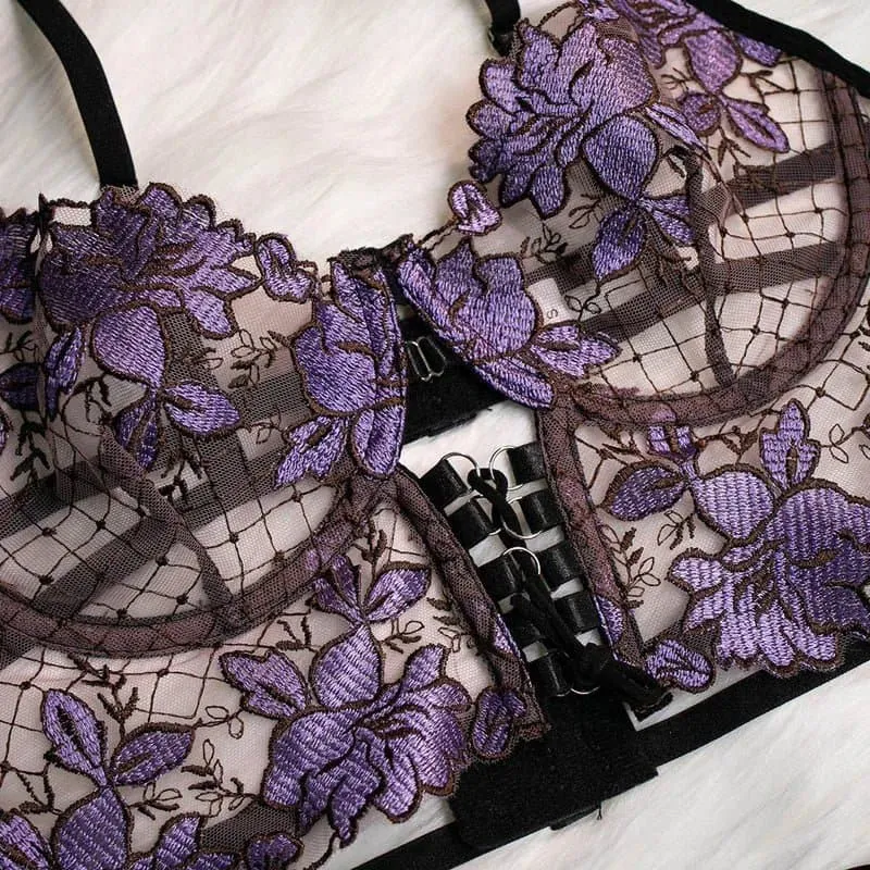 French Lace Bra Garter Thong Sets - Feminine Floral Beauty in Purple & Blue (S, M, L)