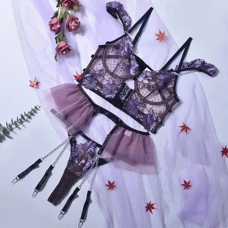 French Lace Bra Garter Thong Sets - Feminine Floral Beauty in Purple & Blue (S, M, L)