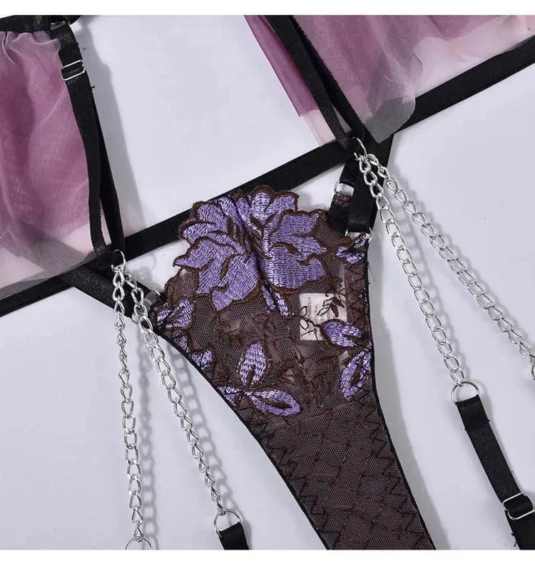 French Lace Bra Garter Thong Sets - Feminine Floral Beauty in Purple & Blue (S, M, L)