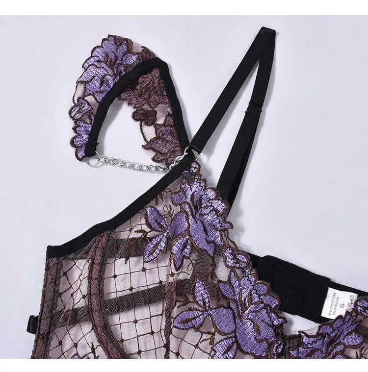 French Lace Bra Garter Thong Sets - Feminine Floral Beauty in Purple & Blue (S, M, L)