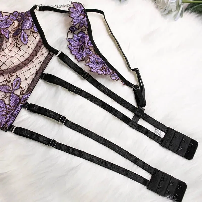 French Lace Bra Garter Thong Sets - Feminine Floral Beauty in Purple & Blue (S, M, L)