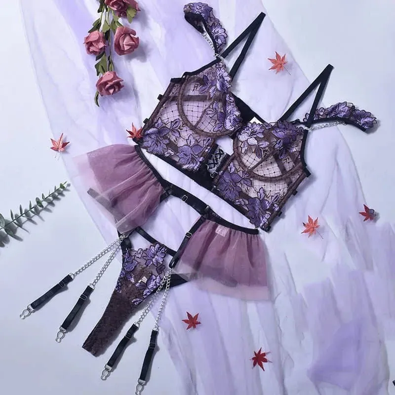 French Lace Bra Garter Thong Sets - Feminine Floral Beauty in Purple & Blue (S, M, L)