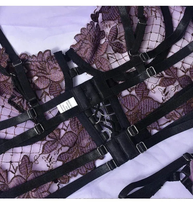 French Lace Bra Garter Thong Sets - Feminine Floral Beauty in Purple & Blue (S, M, L)