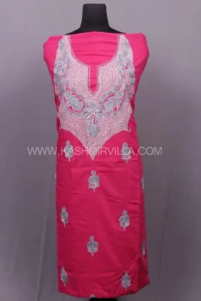Fushia Pink Colour Cotton Suit With Combo Of Tilla And Aari Embroidery On Neck And Allover Motifs.