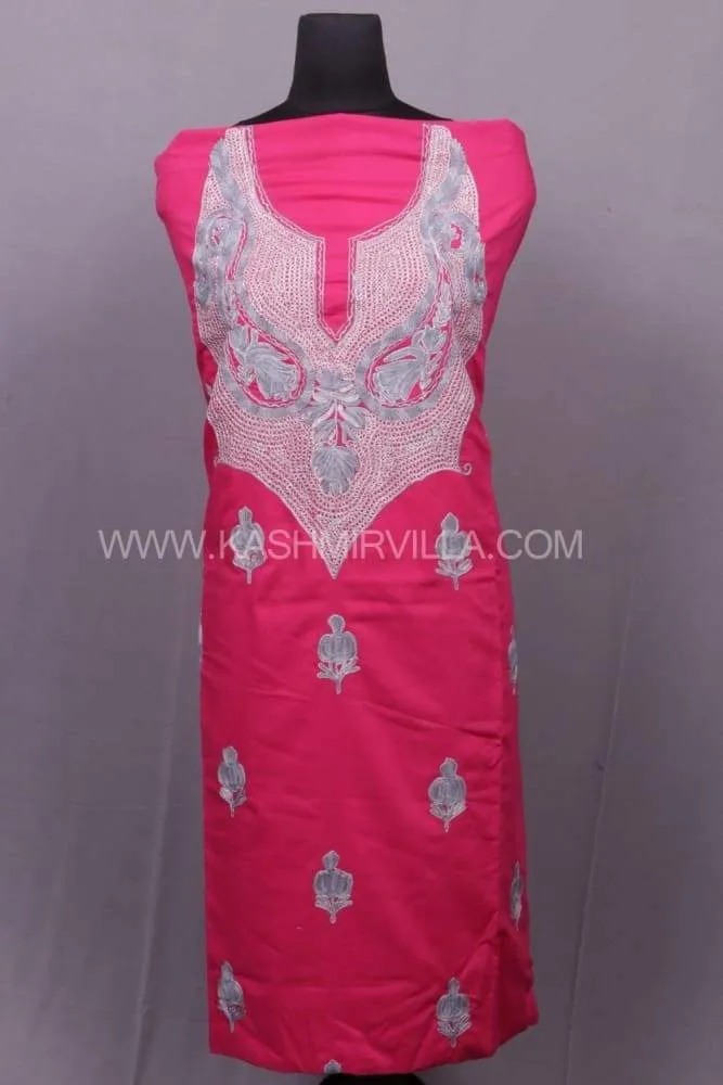 Fushia Pink Colour Cotton Suit With Combo Of Tilla And Aari Embroidery On Neck And Allover Motifs.
