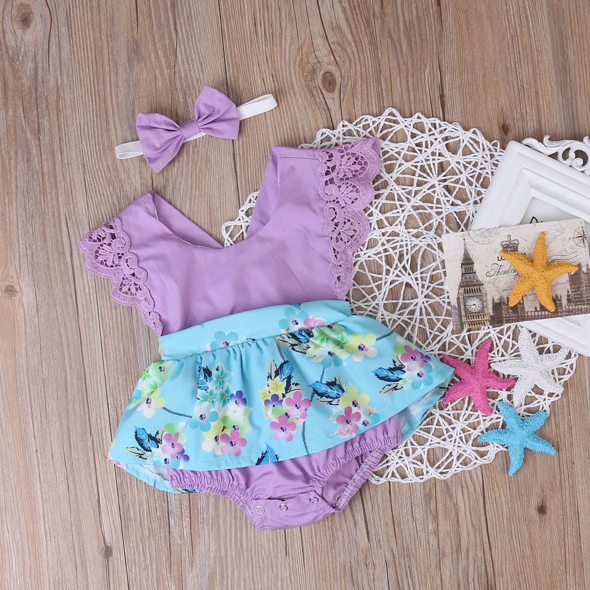 Girls Floral Romper Dress & Headband Set