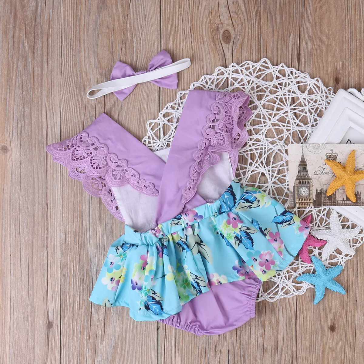 Girls Floral Romper Dress & Headband Set