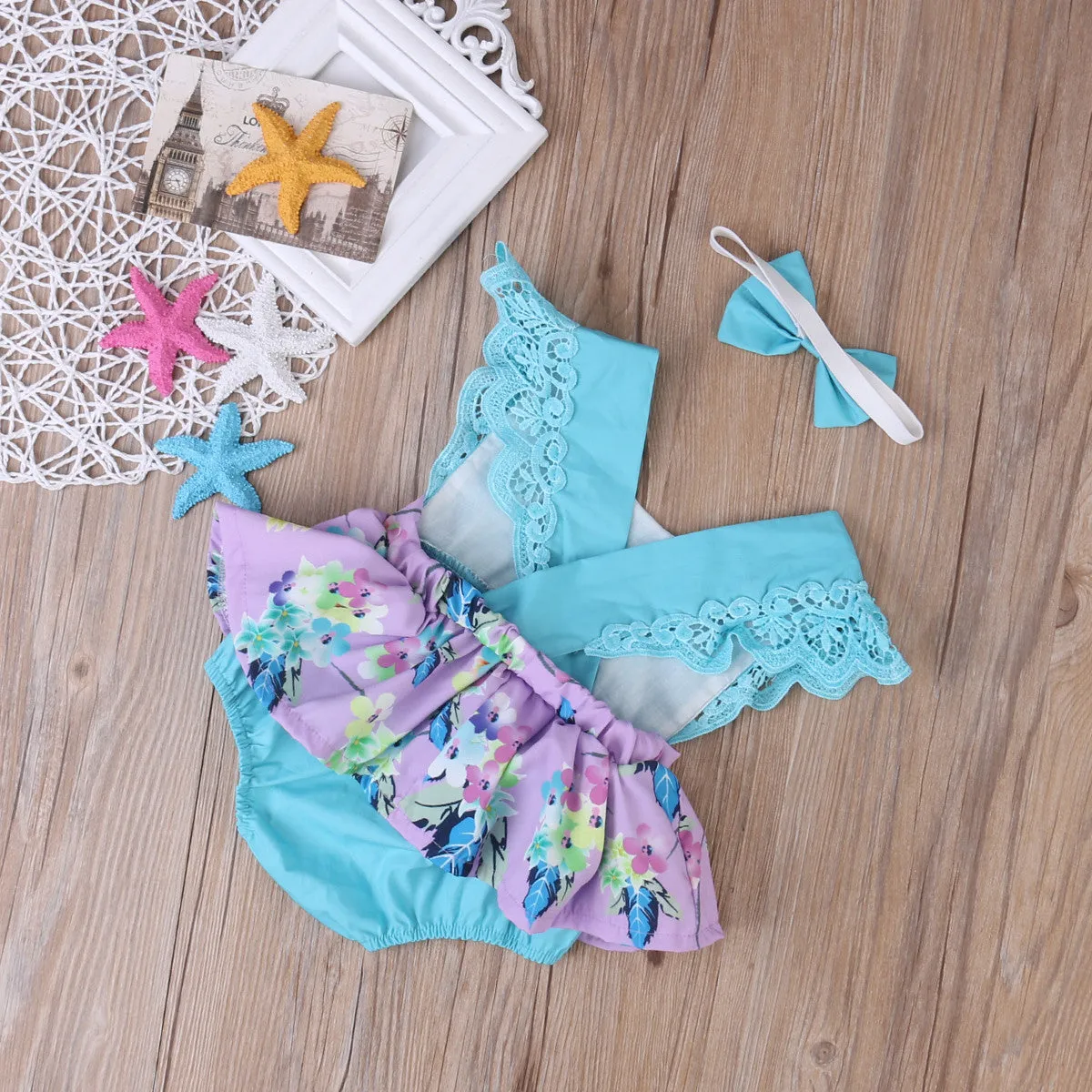 Girls Floral Romper Dress & Headband Set