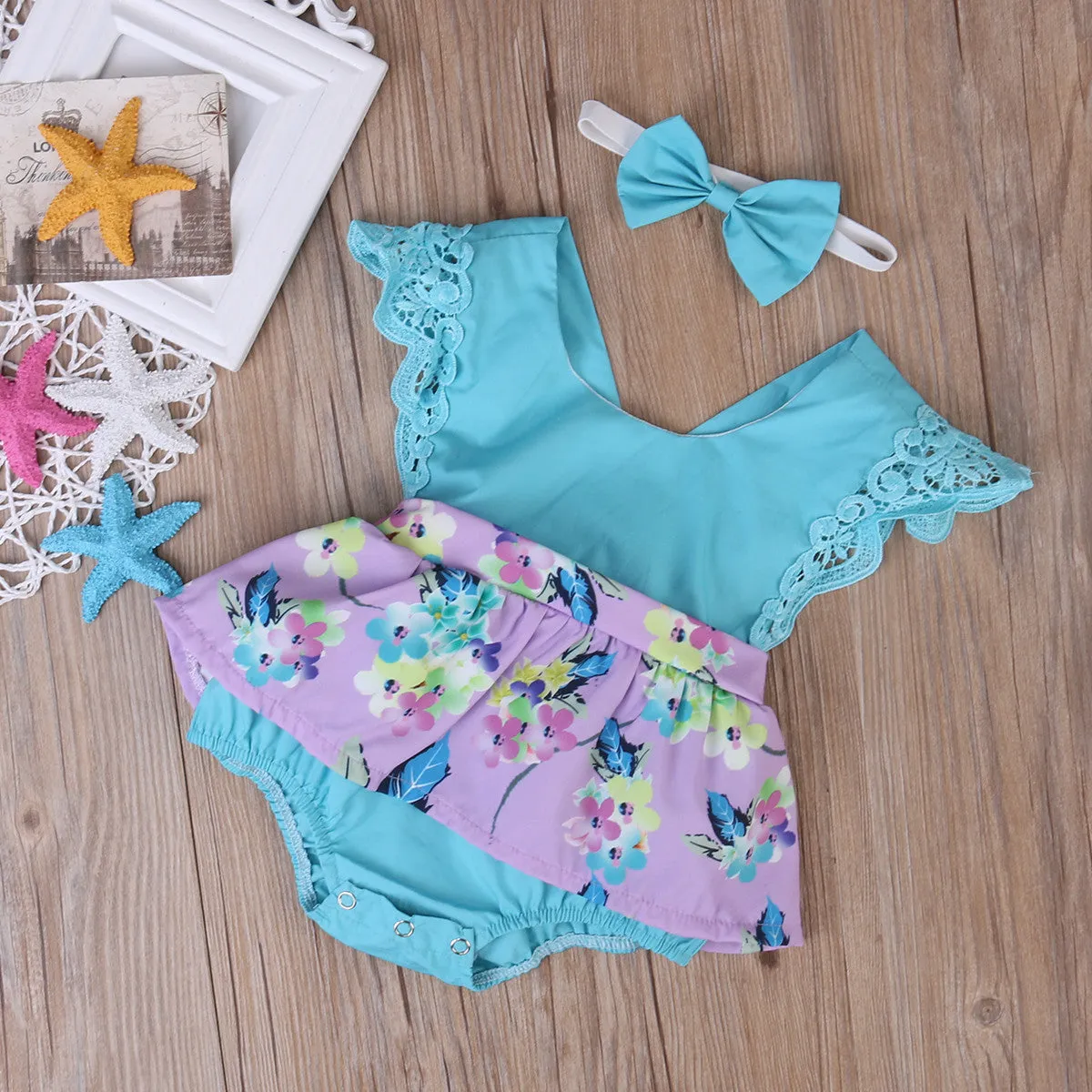 Girls Floral Romper Dress & Headband Set