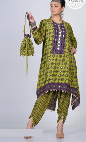 Green Printed Dhoti Set with Potli