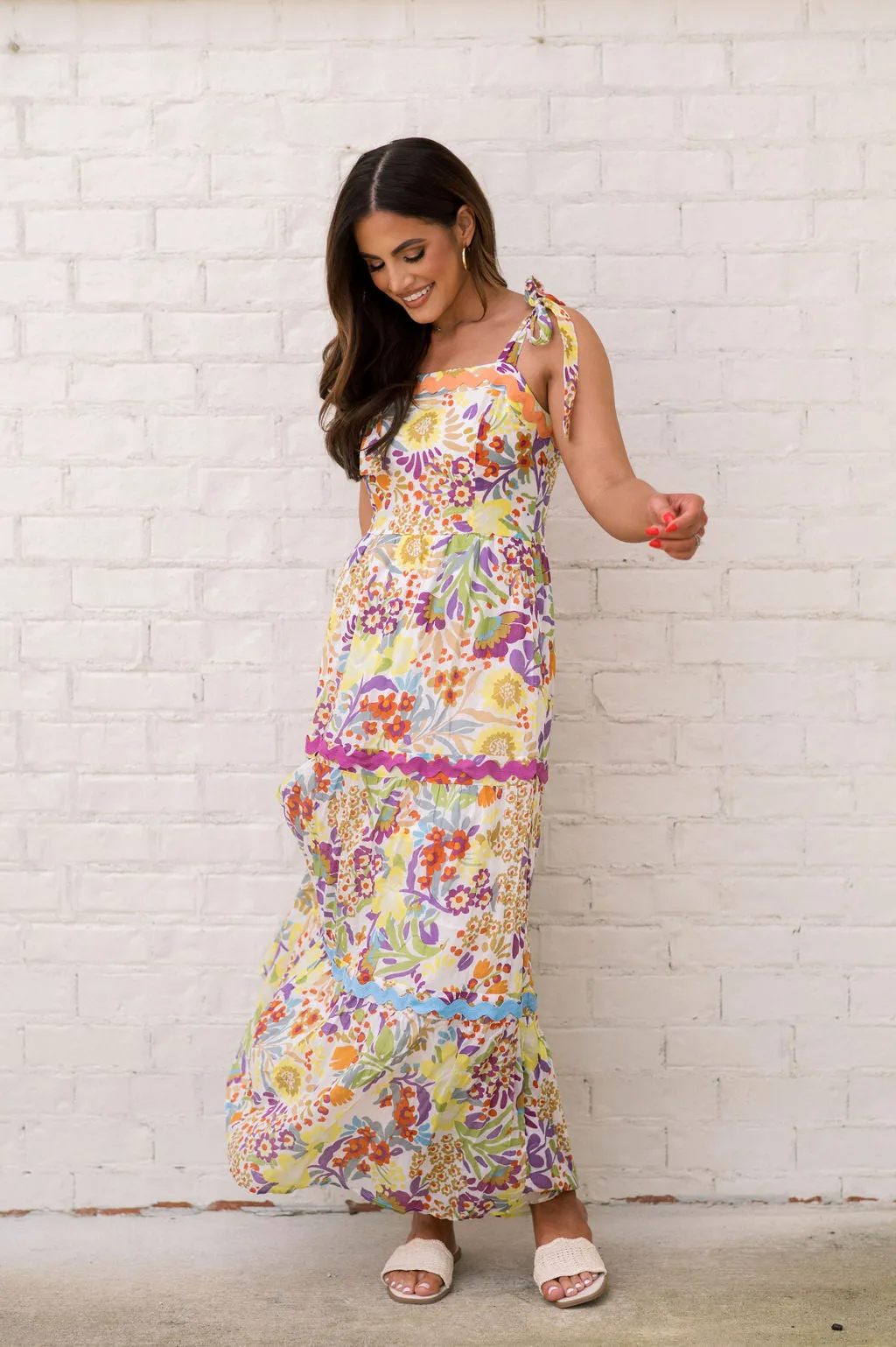 Harper Ric Rac Midi Dress-Yellow Floral