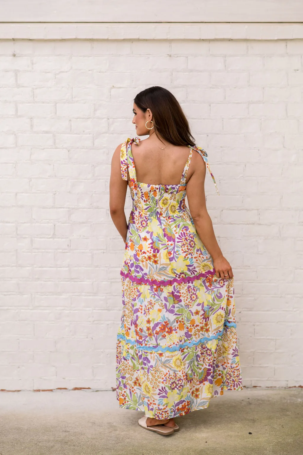 Harper Ric Rac Midi Dress-Yellow Floral