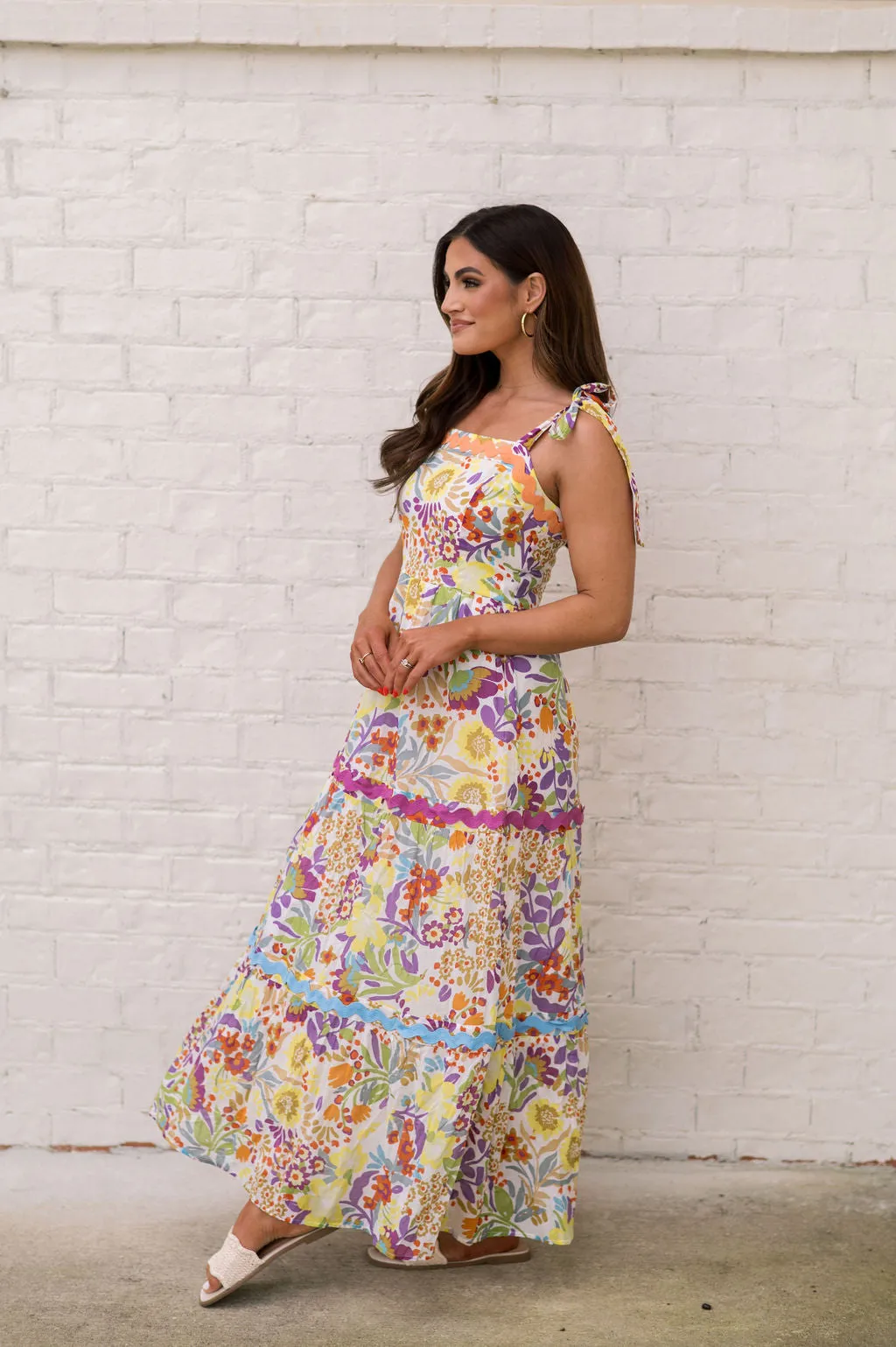 Harper Ric Rac Midi Dress-Yellow Floral