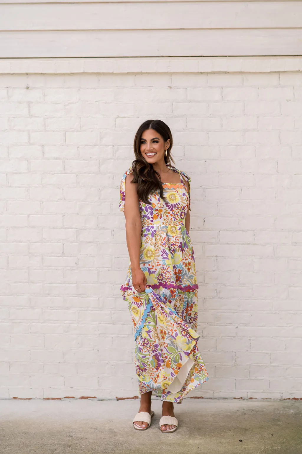 Harper Ric Rac Midi Dress-Yellow Floral