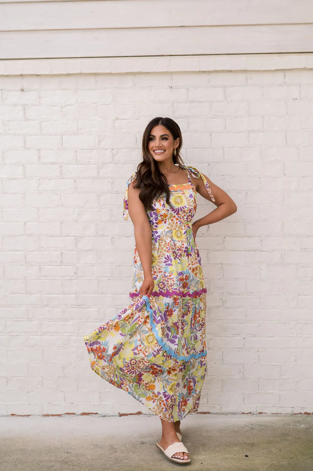 Harper Ric Rac Midi Dress-Yellow Floral