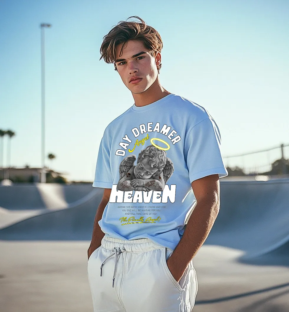 Heaven Blue Oversized Chest Graphic Printed Tshirt