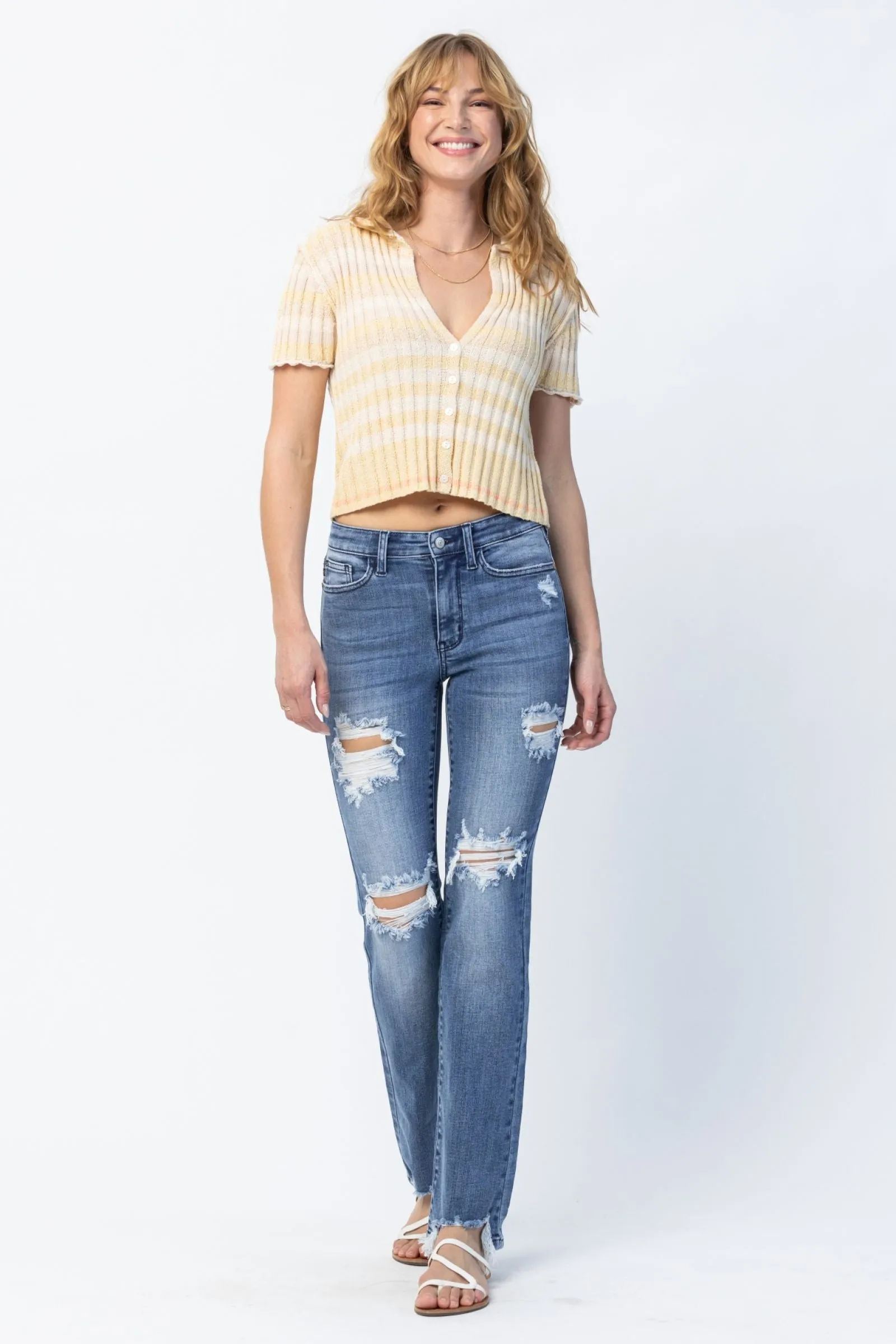 Judy Blue Reg/Plus Destroyed Straight Mid Rise Jeans