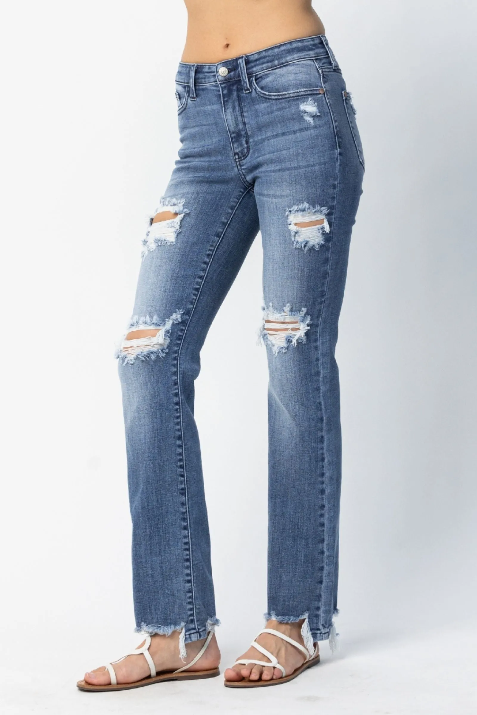 Judy Blue Reg/Plus Destroyed Straight Mid Rise Jeans