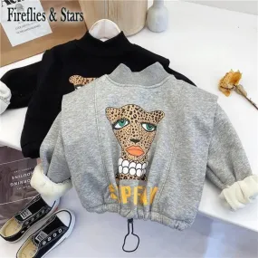 Spring Winter Girls Sweat Shirt Baby Hoodies For Kids Pullover Tops Children Warm Clothes Fashion Leopard Print Velvet 2 To 7 Yr