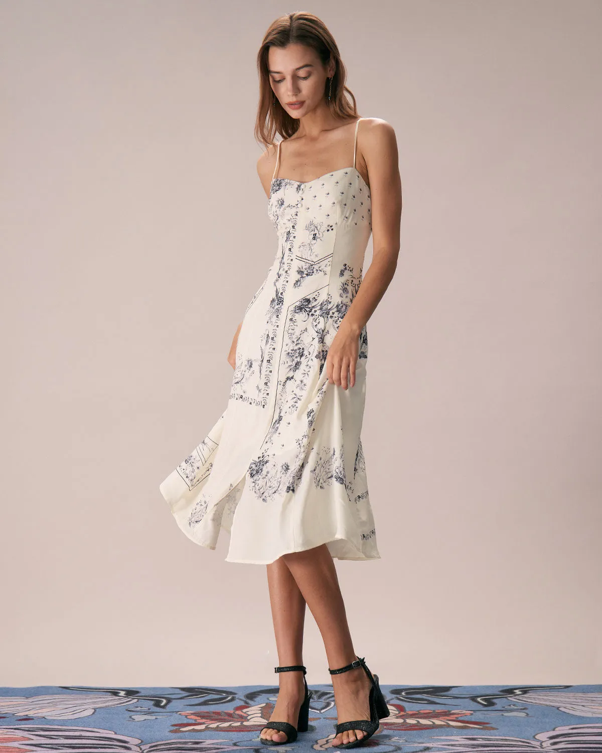 The Beige Floral Split Hem Slip Midi Dress