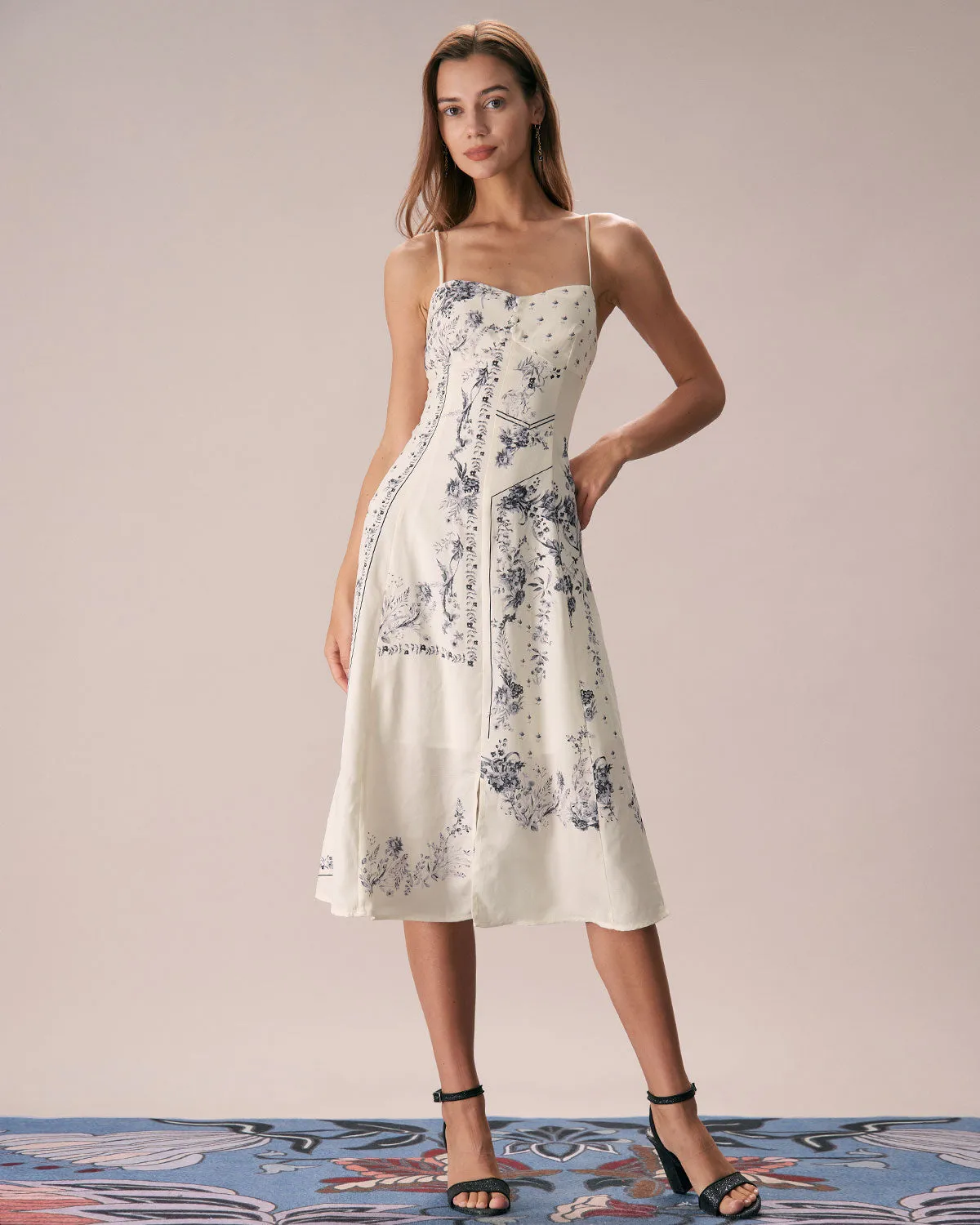 The Beige Floral Split Hem Slip Midi Dress