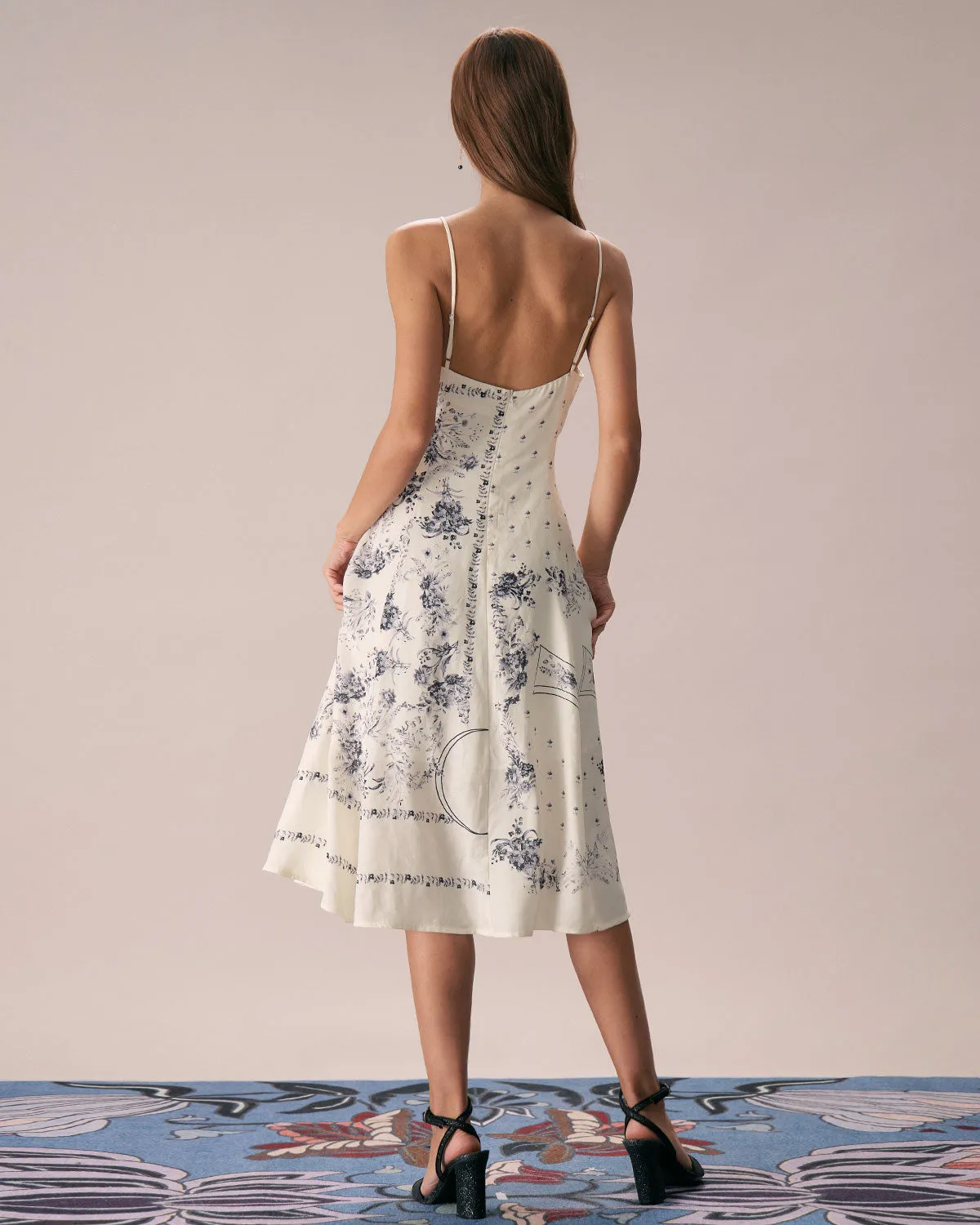 The Beige Floral Split Hem Slip Midi Dress