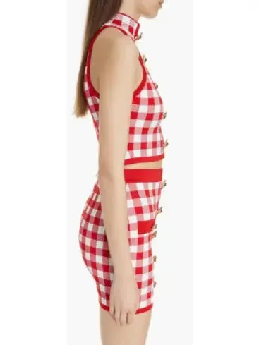 Women’s Cropped Button-Embellished Gingham Halter Top and Skirt Set, Red & White