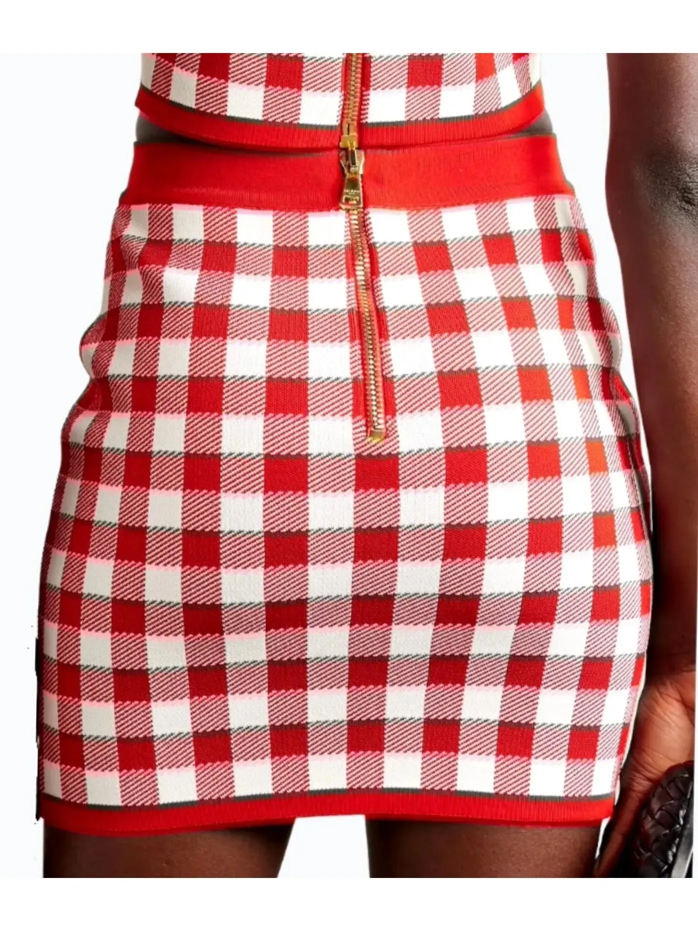 Women’s Cropped Button-Embellished Gingham Halter Top and Skirt Set, Red & White