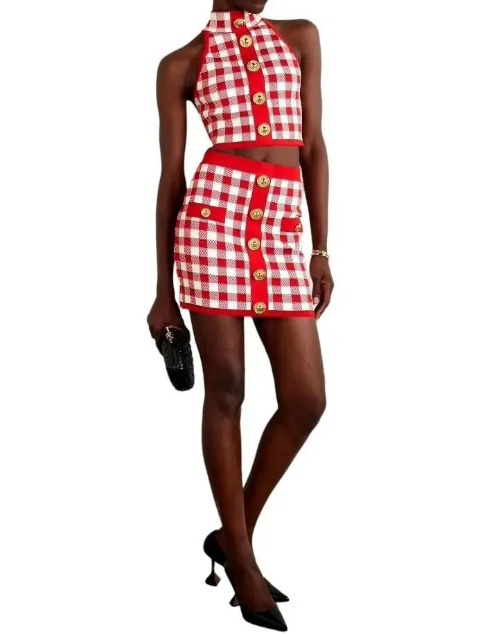 Women’s Cropped Button-Embellished Gingham Halter Top and Skirt Set, Red & White