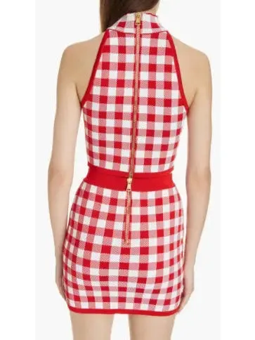 Women’s Cropped Button-Embellished Gingham Halter Top and Skirt Set, Red & White