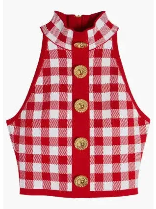 Women’s Cropped Button-Embellished Gingham Halter Top and Skirt Set, Red & White