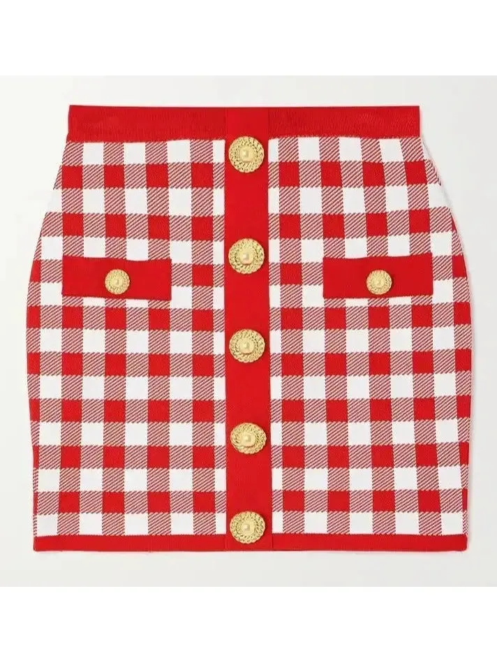 Women’s Cropped Button-Embellished Gingham Halter Top and Skirt Set, Red & White